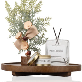 Zoocatia round decorative tray displays soap dish neatly on a walnut wood surface.