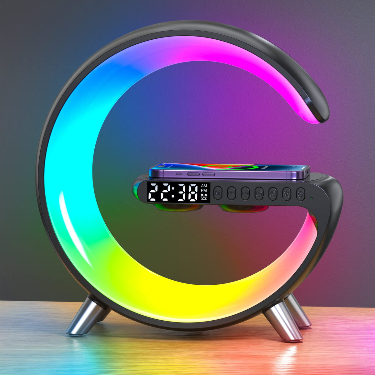 ZORAST BKDRL Bluetooth speaker with wireless charging lamp for convenient audio and charging.