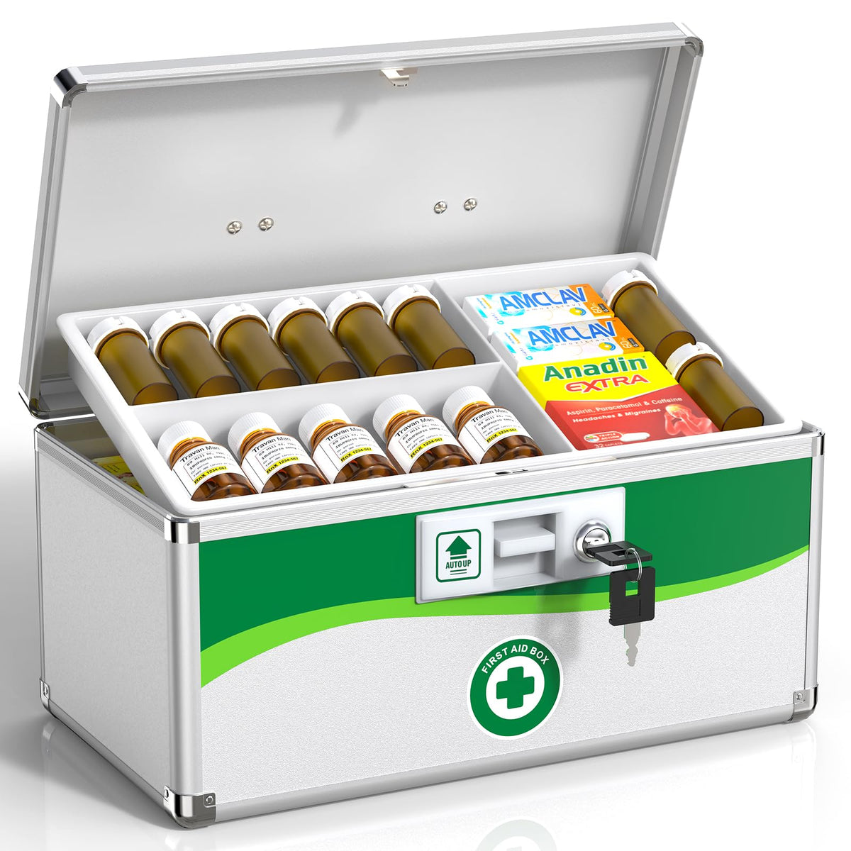 ZORVIDSON medicine lock box with keys shows a secure lock for safe storage.