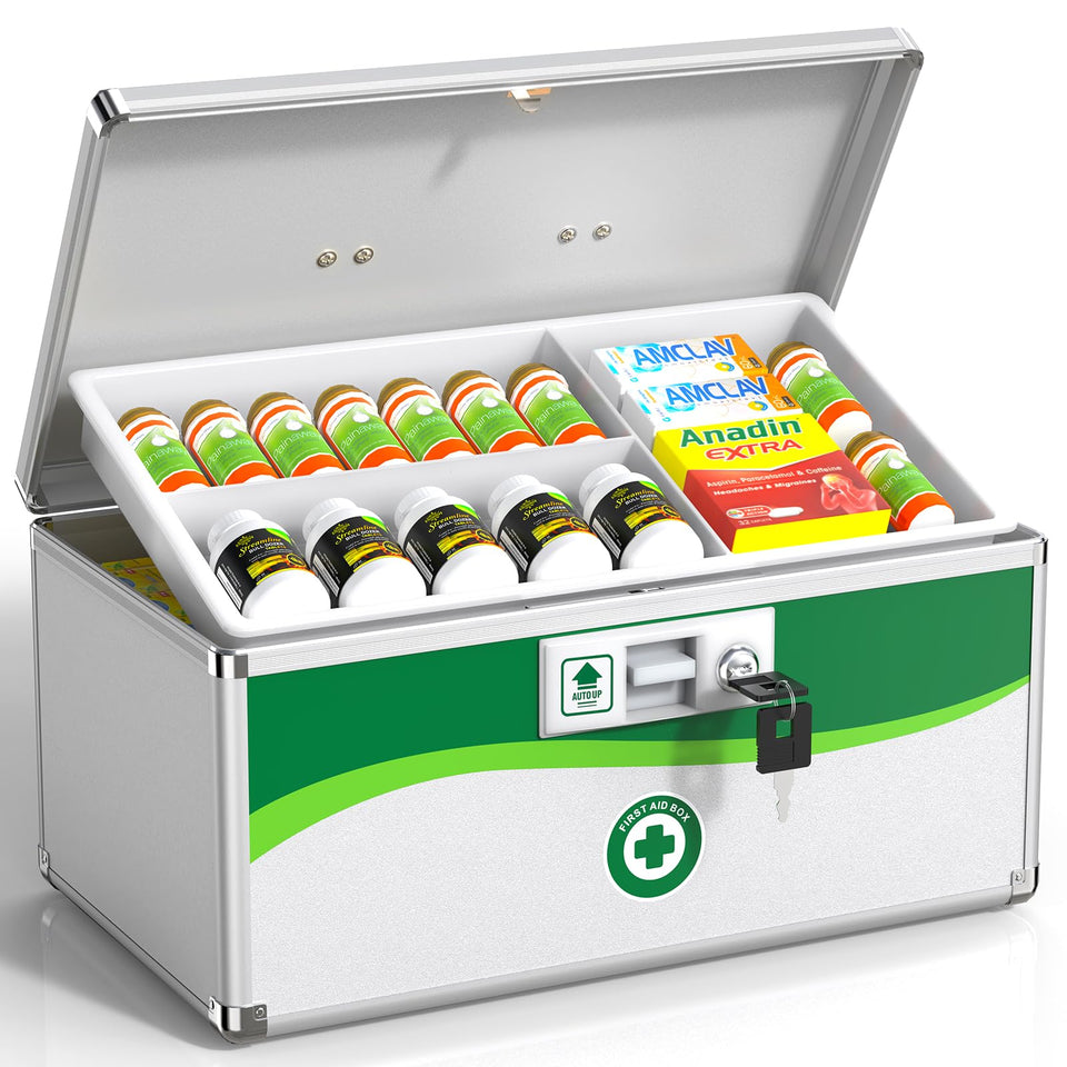 ZORVIDSON Medicine Lock Box with lock and keys for secure home storage.