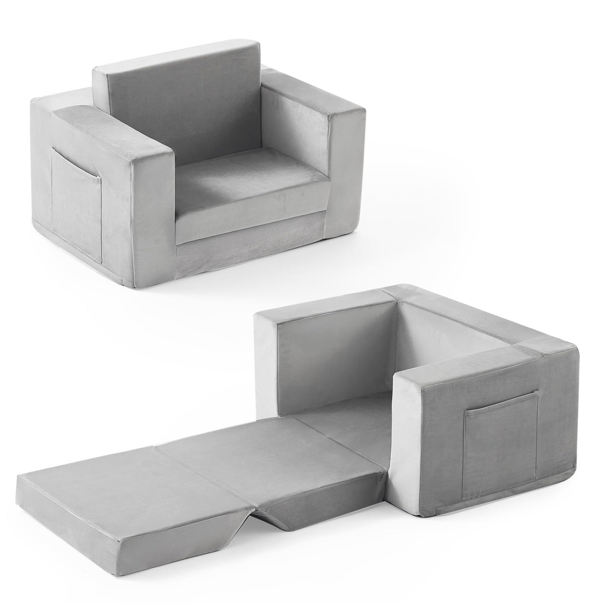 Zorvoxz Kids Couch 2-in-1 sofa in grey, ideal for reading and play.