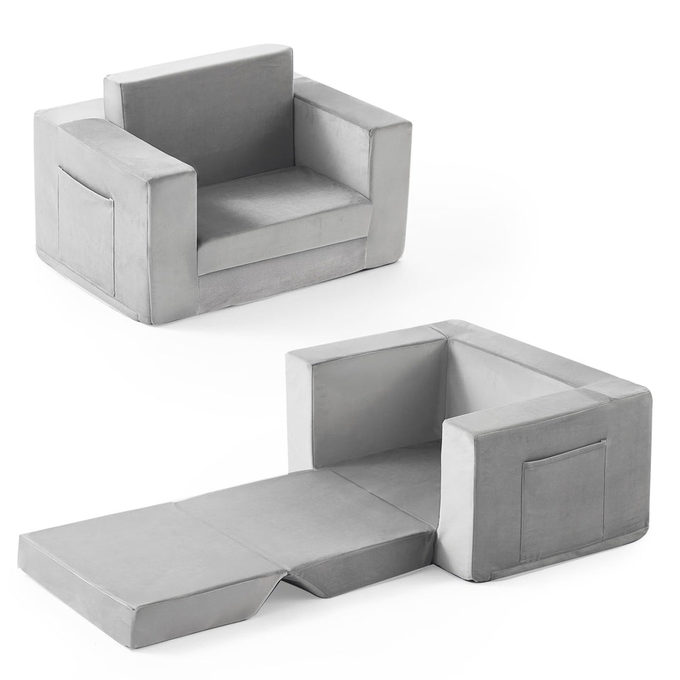 Zorvoxz Kids Couch 2-in-1 sofa in grey, ideal for reading and play.