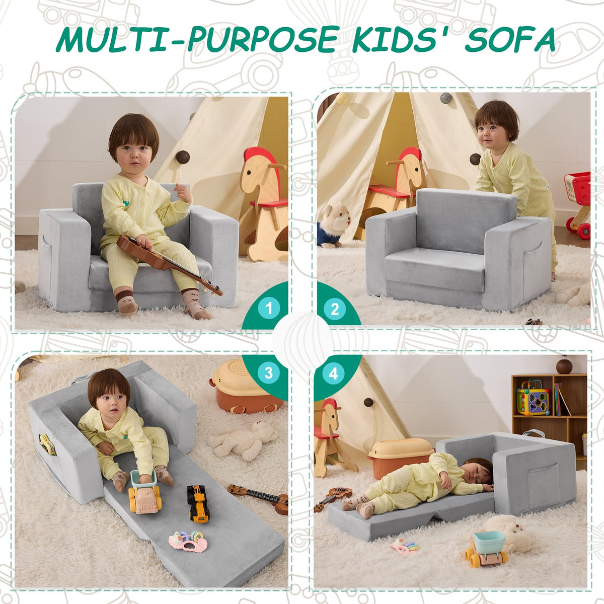 Zorvoxz Kids Couch ships in a compact box and expands to full size.