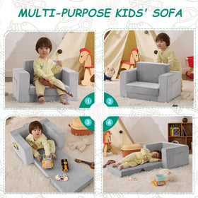 Zorvoxz Kids Couch ships in a compact box and expands to full size.