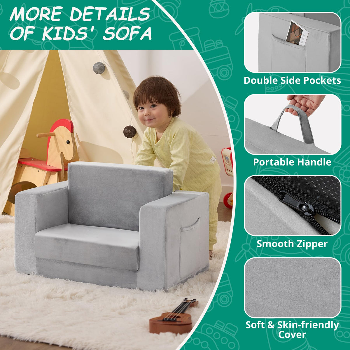 Zorvoxz Kids Couch is lightweight with a handy carry handle for easy movement.