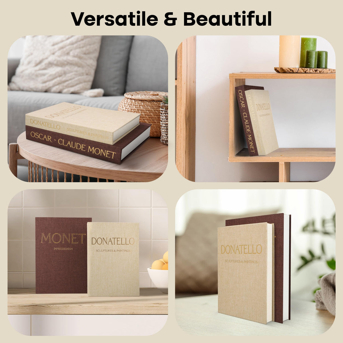 ZOTEdecor hardcover faux books with premium linen finish on a modern shelf