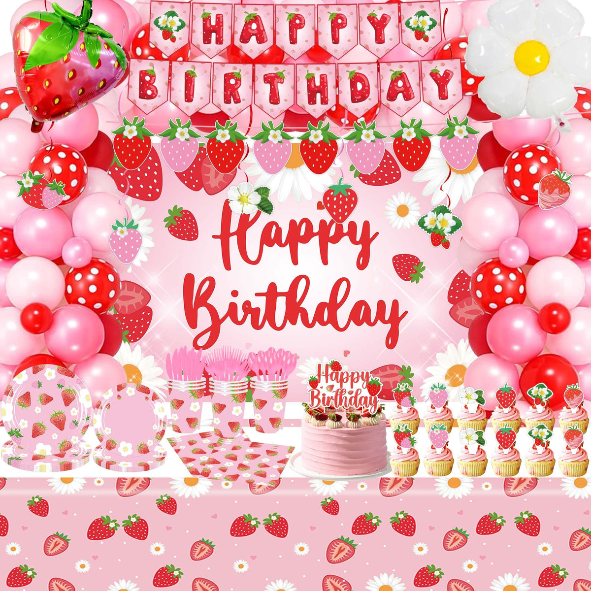 ZOYVUX strawberry-arch-banner decor creates a vibrant birthday centerpiece for photos