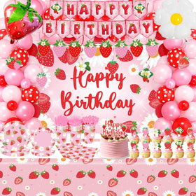 ZOYVUX strawberry-arch-banner decor creates a vibrant birthday centerpiece for photos