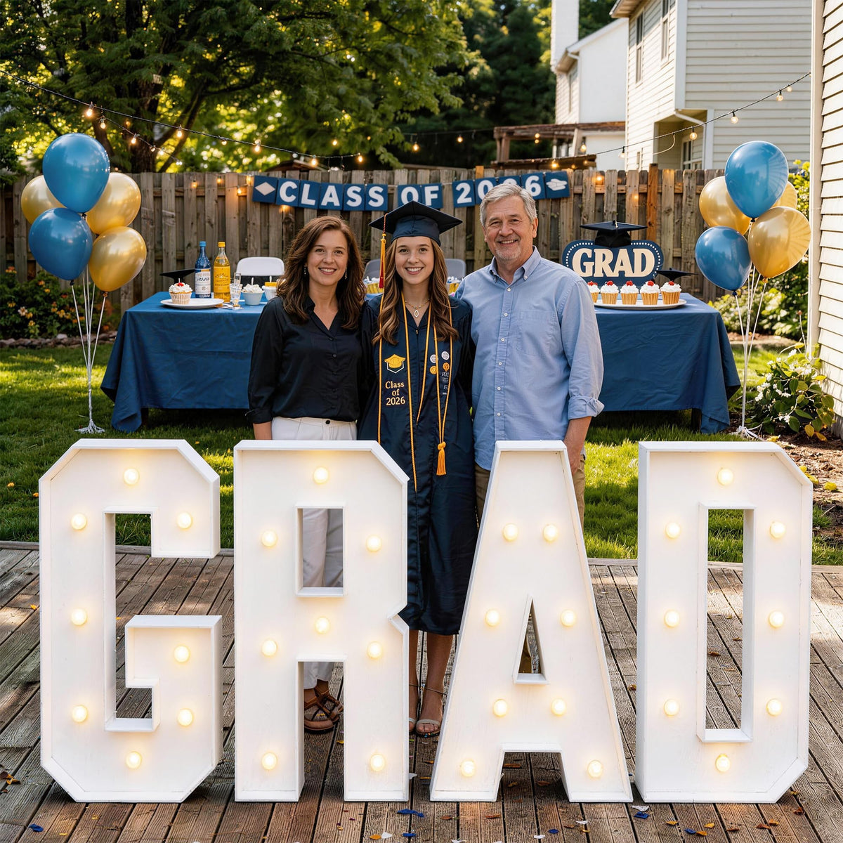ZPISF LED light strings illuminate the GRAD letters with a soft glow.