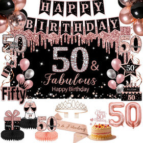 ZPPMZQR rose gold sash and crown elevate a milestone 50th celebration with elegance.