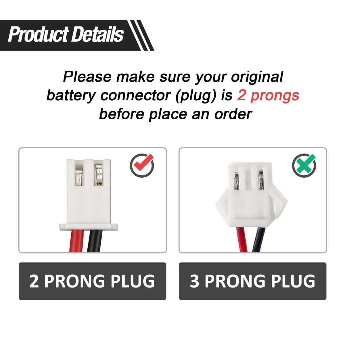 Close-up of the 2-prong connector on the ZTHY Shark battery for compatibility check.