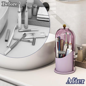 Zufudo 3-slot makeup brush organizer stores cosmetics neatly on the counter.