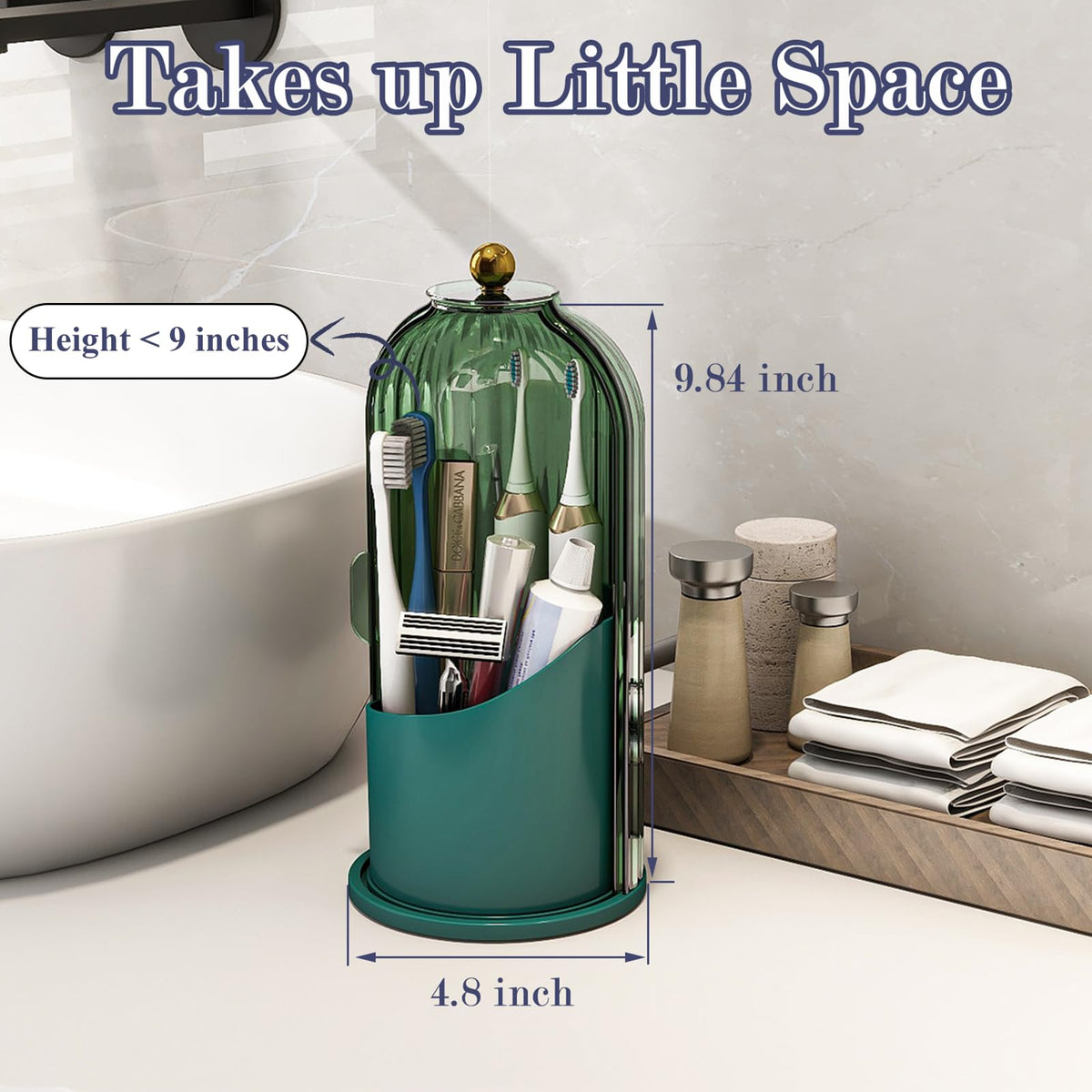 Zufudo all-green compact footprint saves bathroom counter space while organizing essentials.