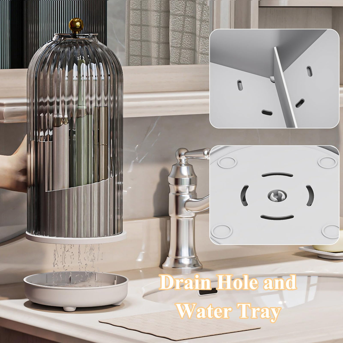 Zufudo toothbrush holder with removable water collection bowl for easy cleaning.