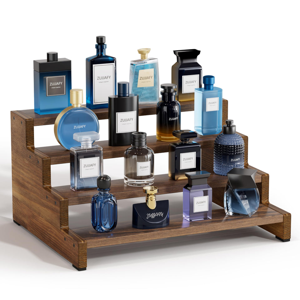 ZUJJAFY Cologne Organizer 4-tier wooden stand on a countertop keeps fragrances neatly organized.