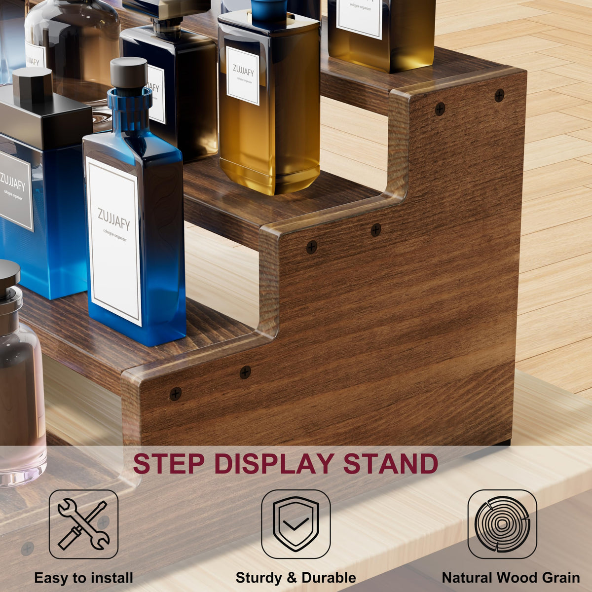 ZUJJAFY perfume collection display on countertop encourages organized selection.