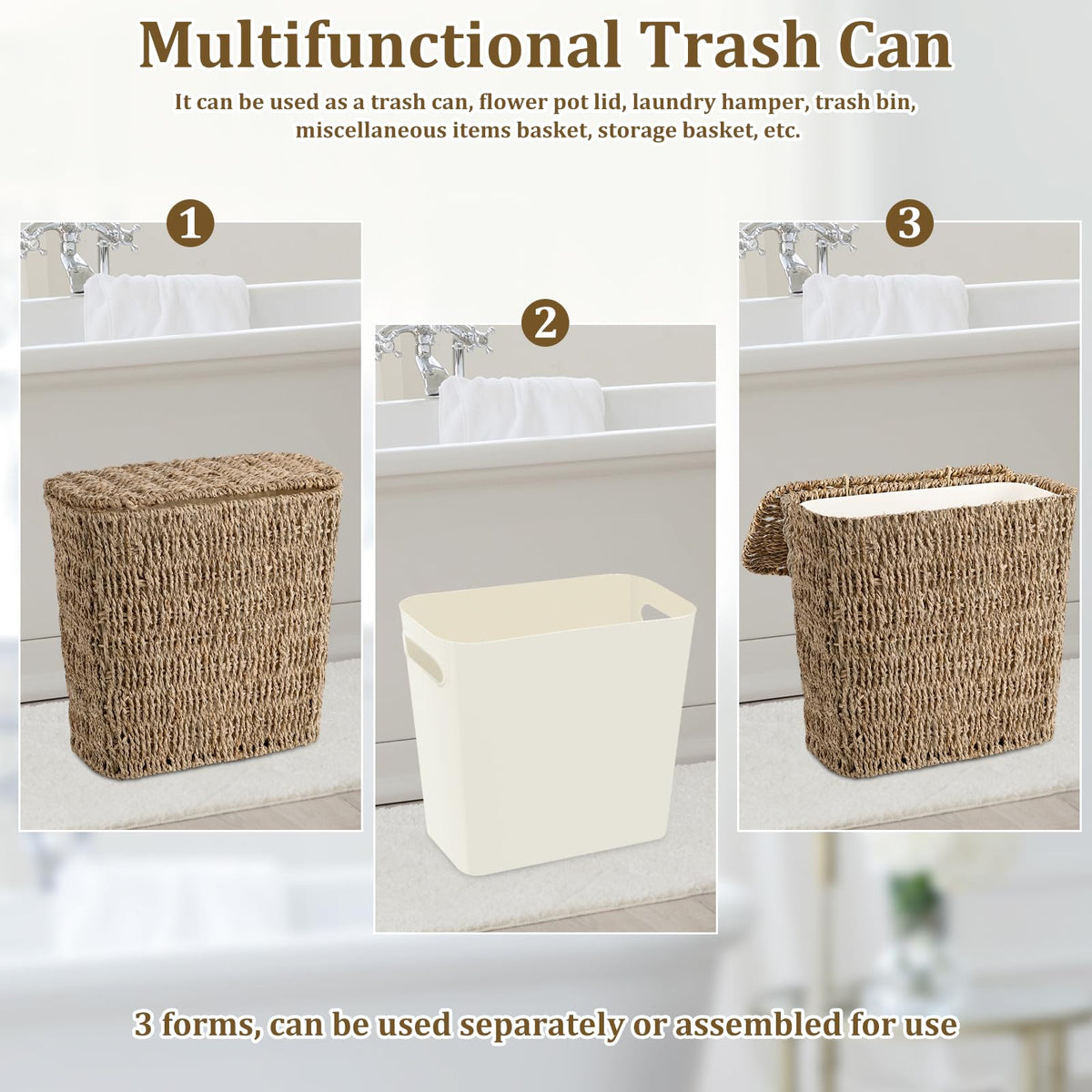 ZUNKNOD wicker trash can ideal for bathroom organization.
