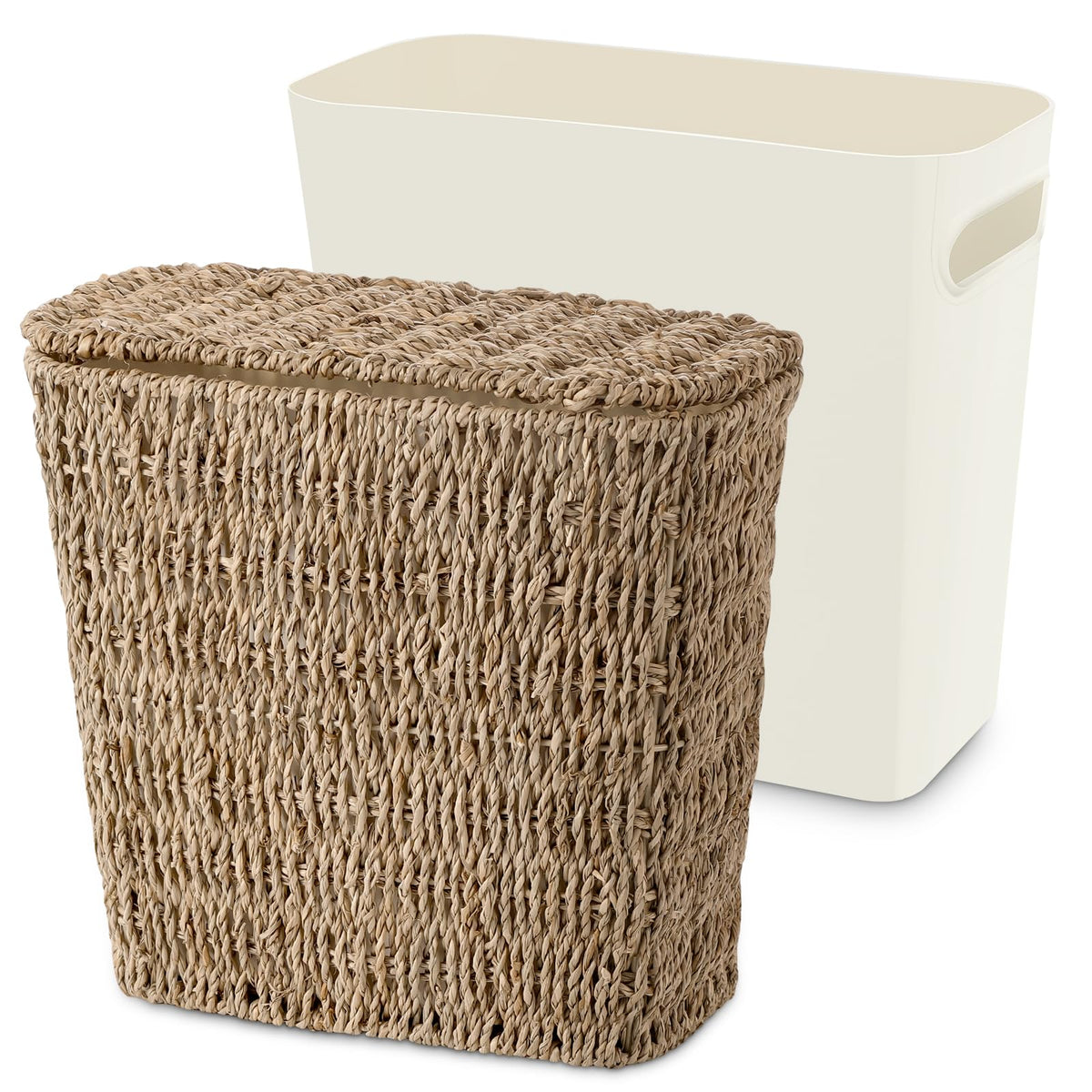 ZUNKNOD wicker waste basket with lid in seagrass keeps spaces tidy.