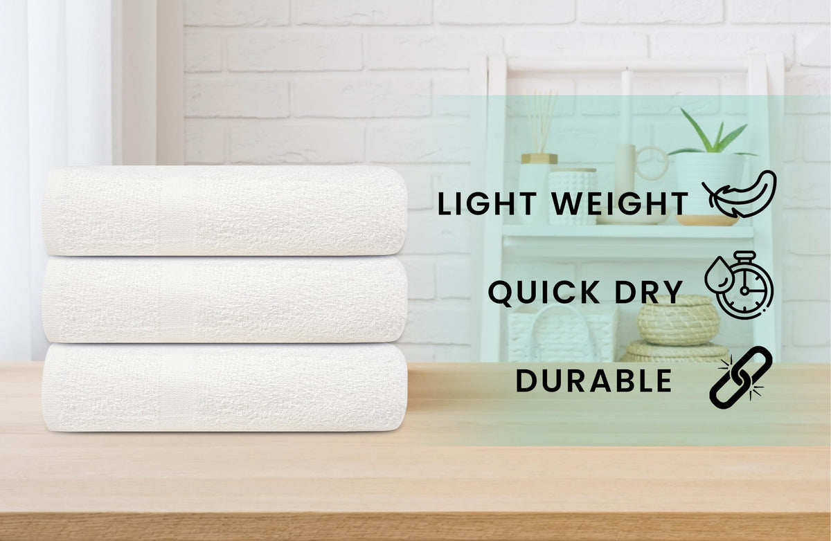 ZUPERIA classic bulk towels folded stack, highlighting compact, cost-effective hospitality essentials.