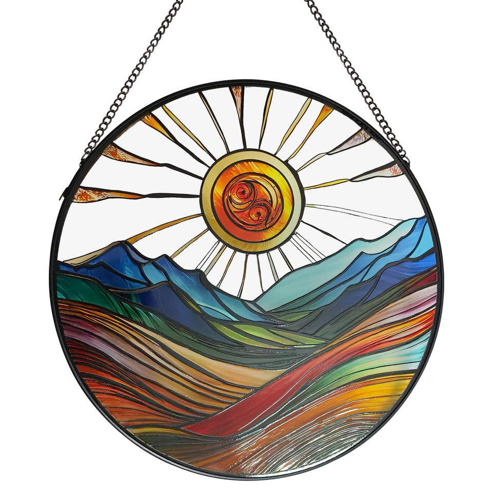 ZUSANG Sun Mountains sun catcher in a window with vibrant colors.