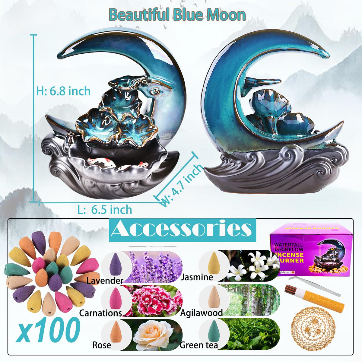 Close up of cascading incense smoke over the blue moon burner