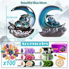 Close up of cascading incense smoke over the blue moon burner
