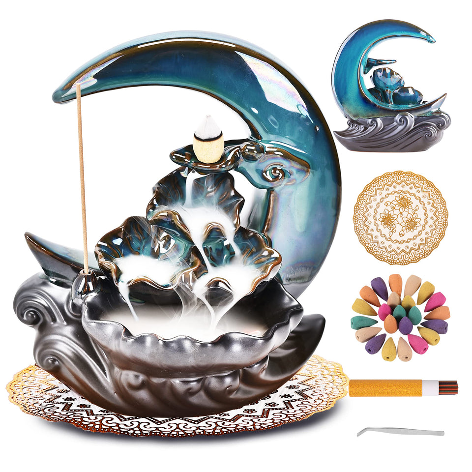 Zvaiuk New Moon backflow holder overview with cascading smoke