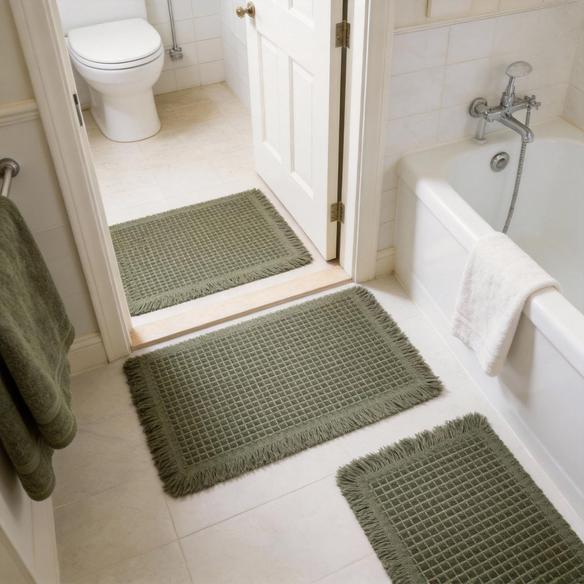 ZVFFDG modern olive green mat complements bathroom decor.