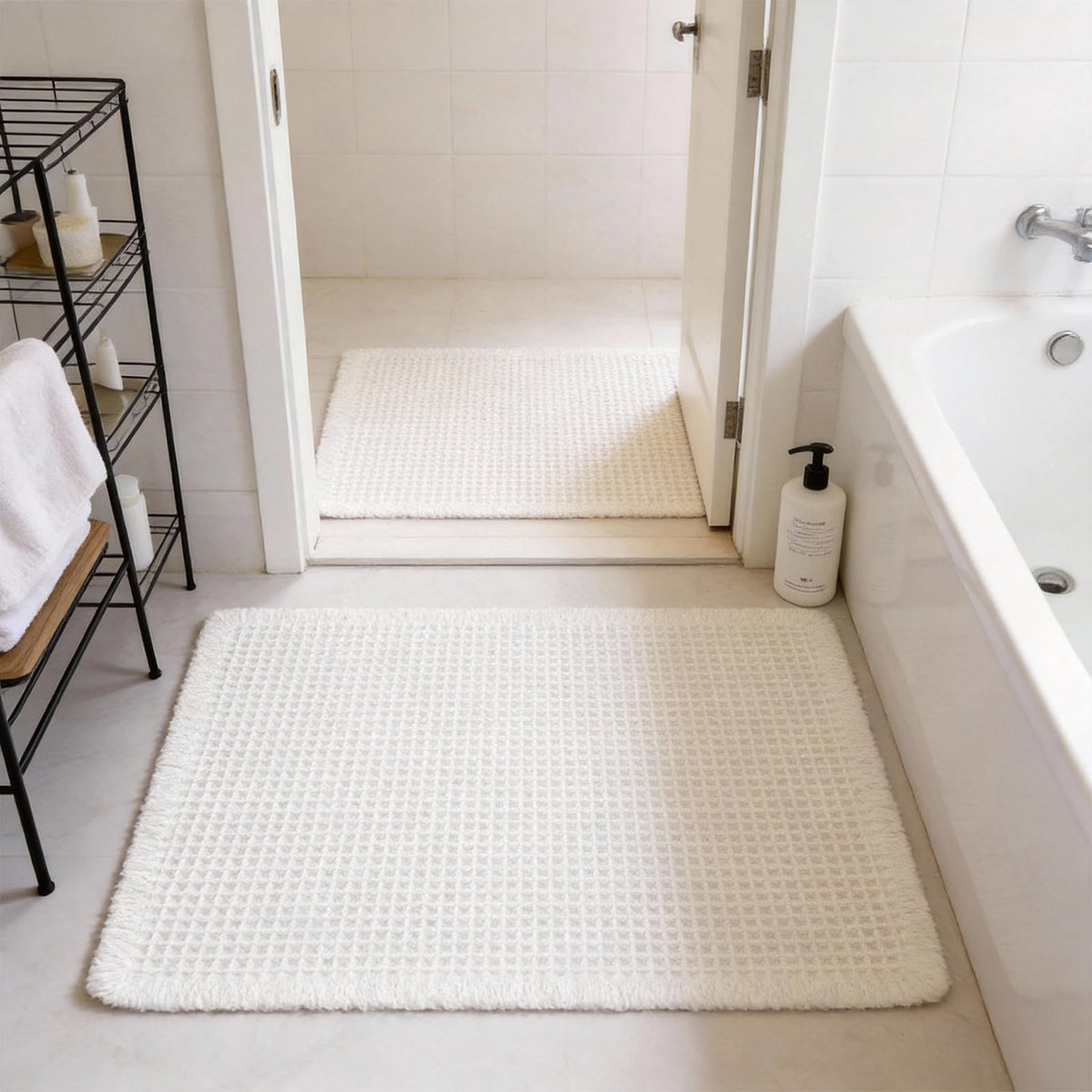 ZVFFDG set of two mats shown on bathroom floor for versatile layout.
