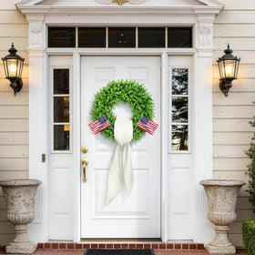 Zyekqrue preserved boxwood wreath with sash showcases a durable, reusable floral accent.