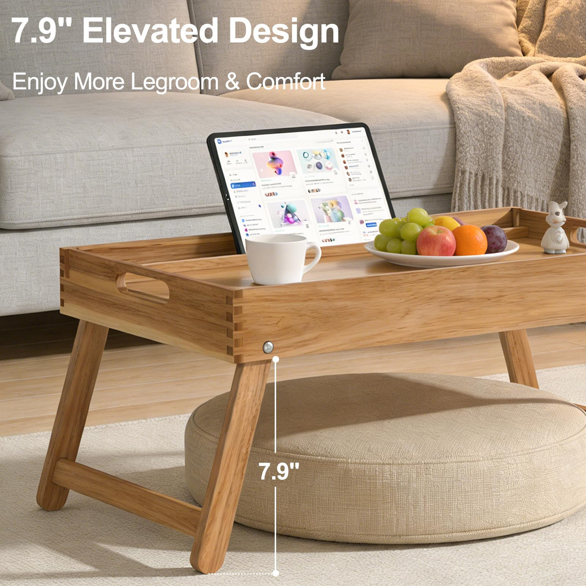 Zyraflux acacia tray has a device slot to keep tablets visible.