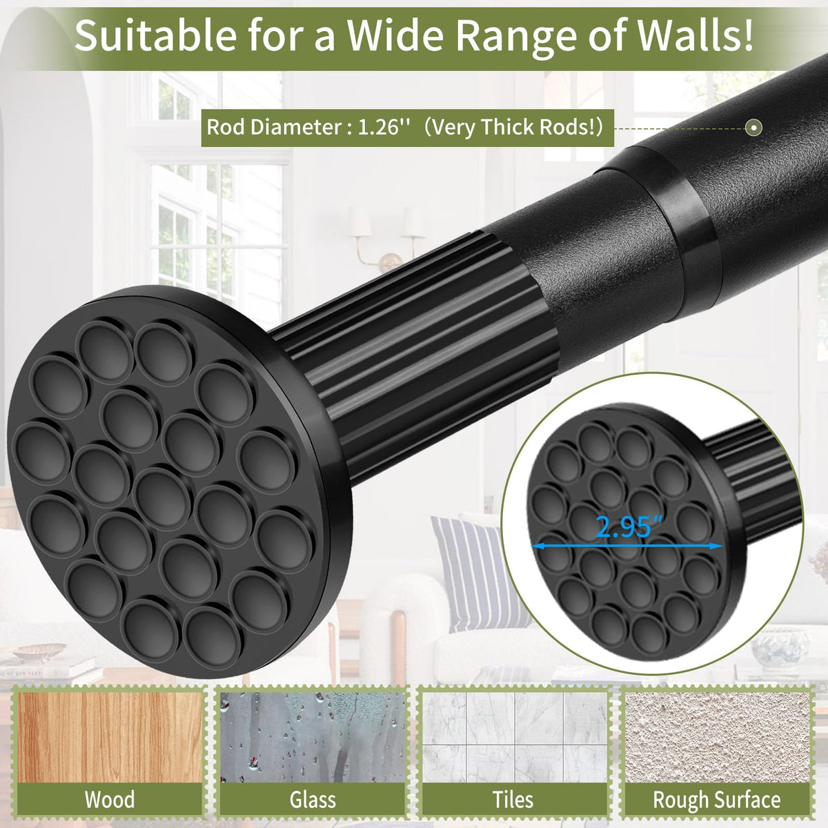 ZYRW adjustment-buttons for easy length changes without wall damage.