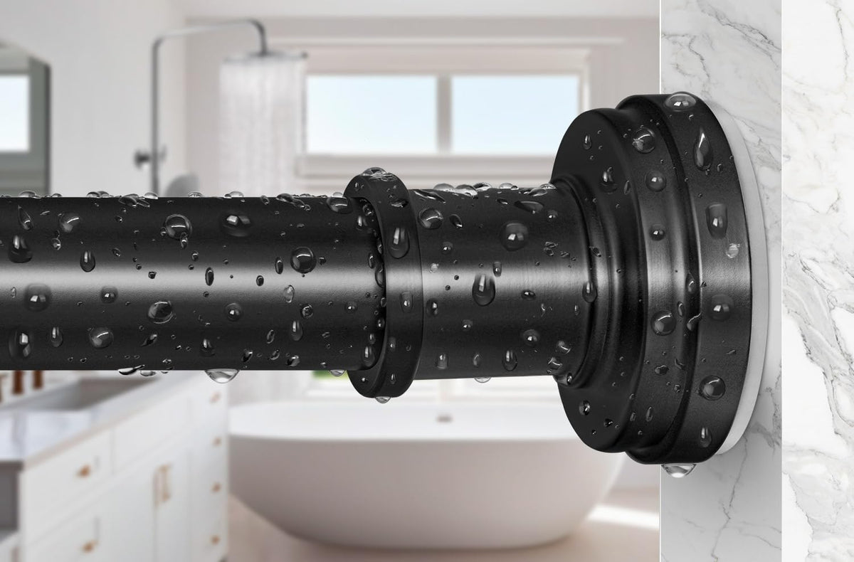 ZYRW black shower curtain rod extended between walls for a secure bathroom fit.
