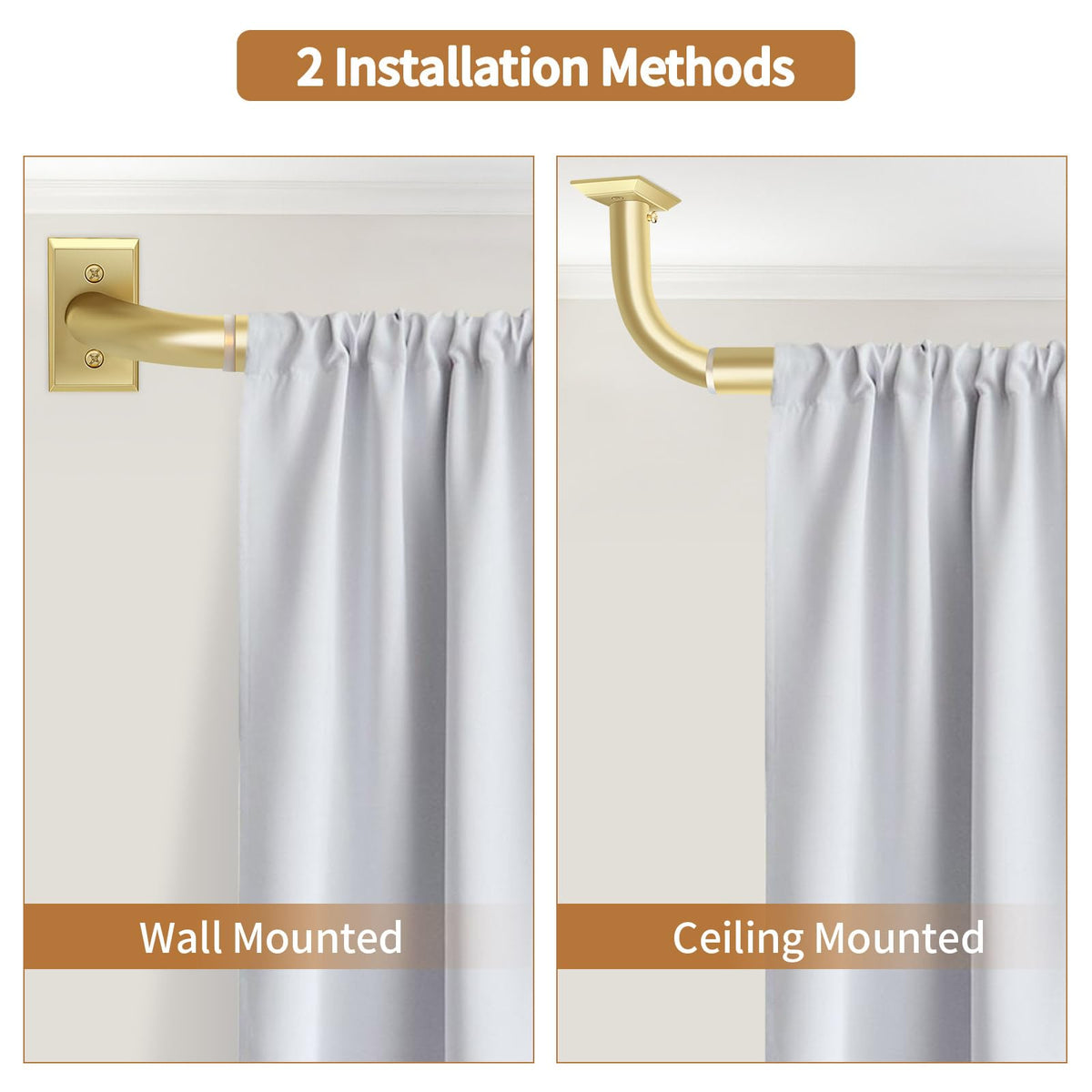 ZYRW Gold Curtain Rod wrap-around design keeps curtains close to wall.