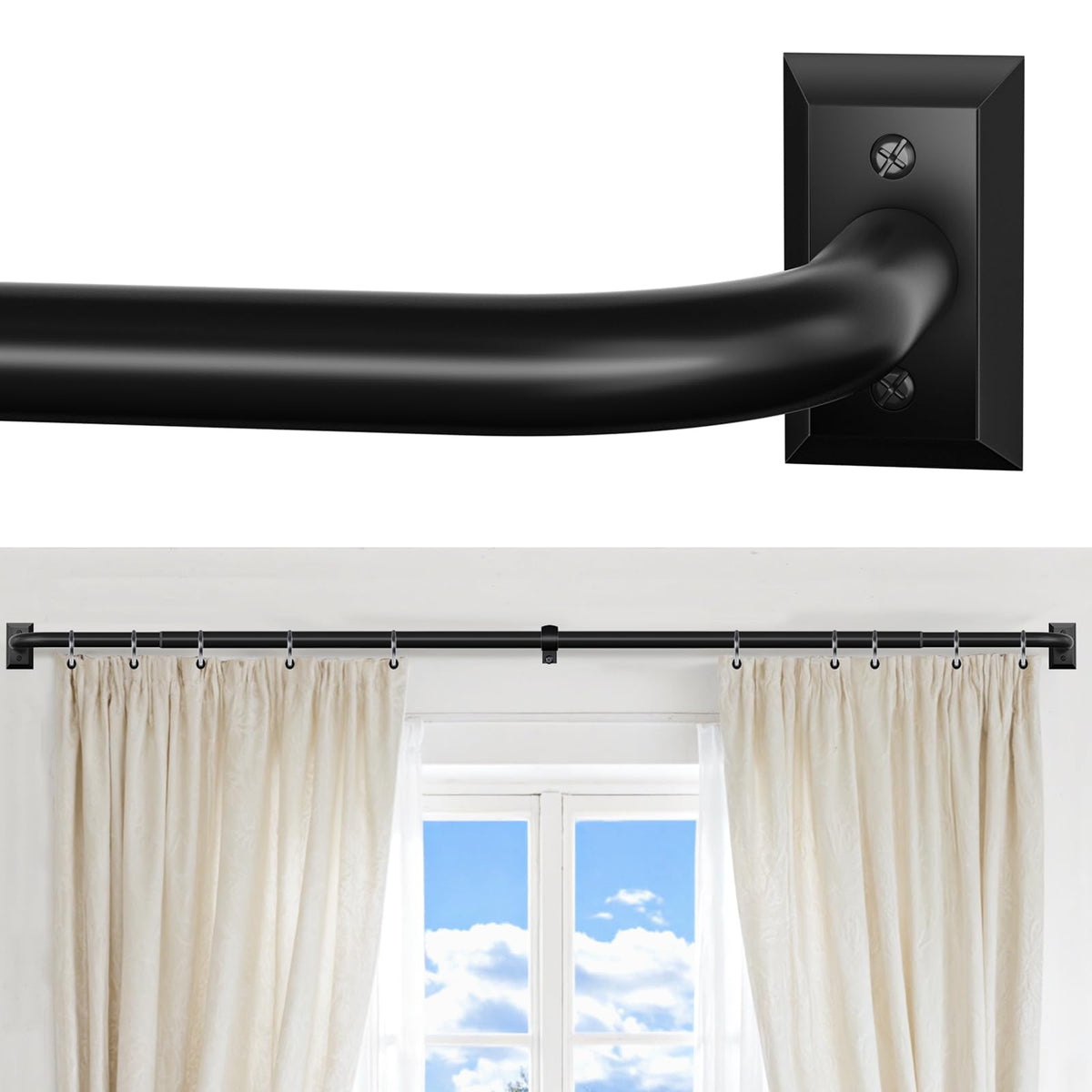 ZYRW wrap-around curtain rod closeup with curved ends for flush wall mounting.