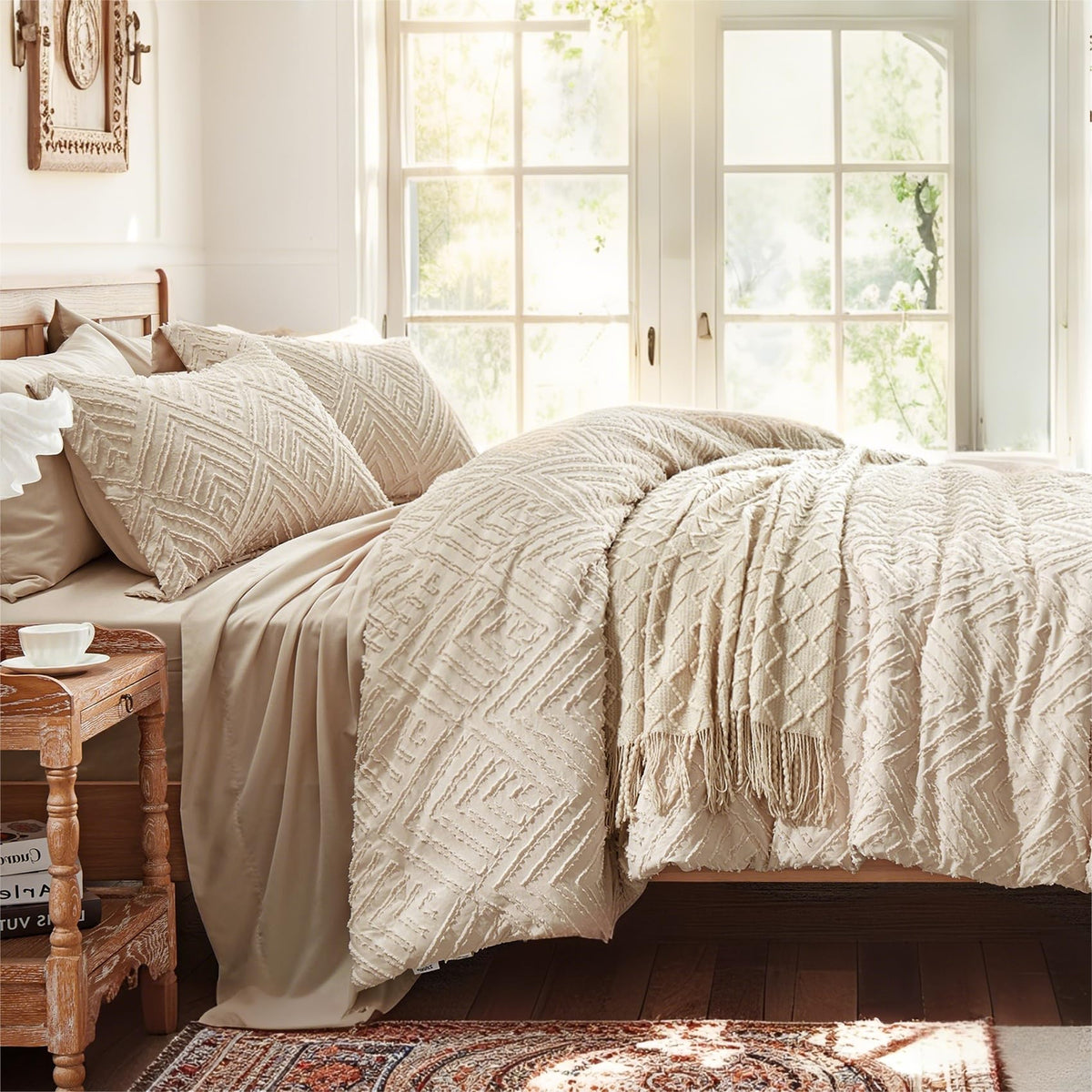 Zzlpp beige tufted comforter on bed, minimal-boho style