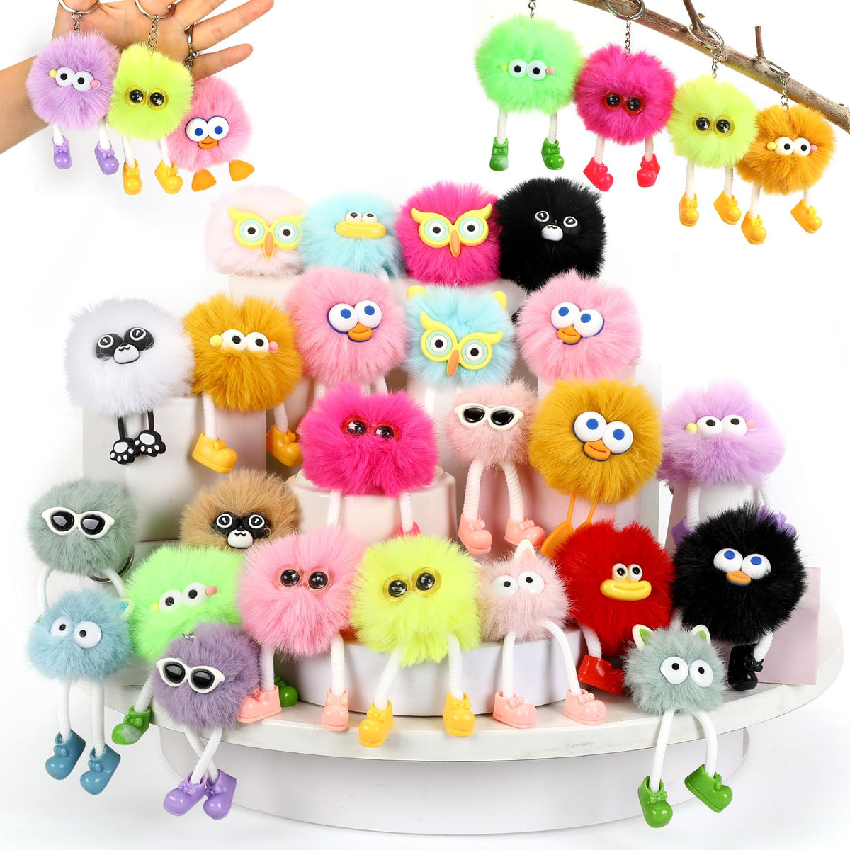 ZZLWAN 24pcs plush keychains with cute faces for backpacks and bags.