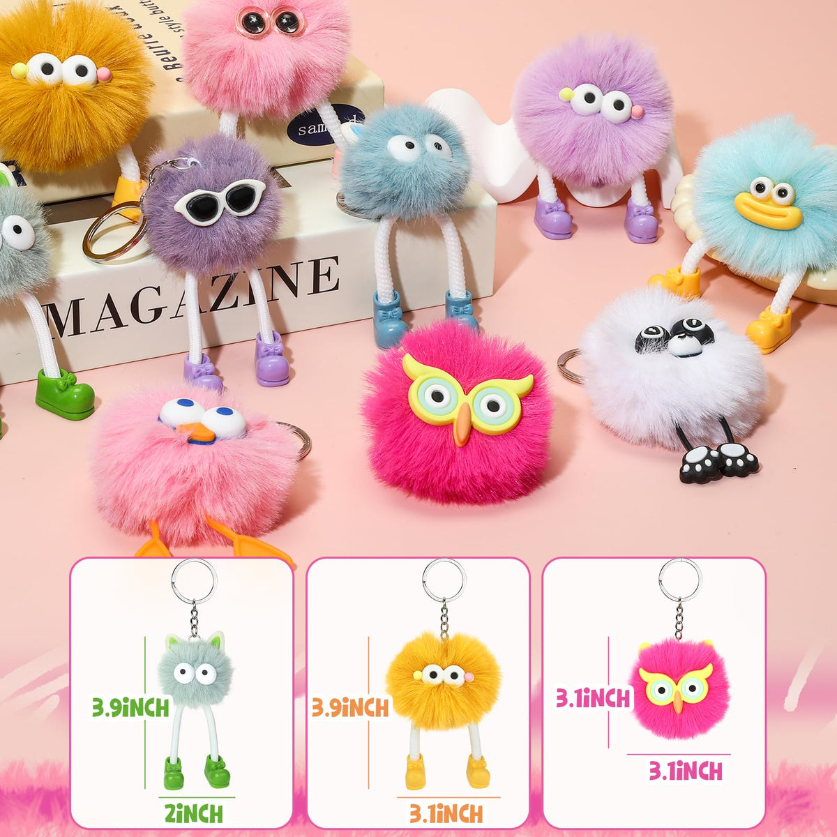 ZZLWAN plush keychains with durable hardware for everyday use on bags.