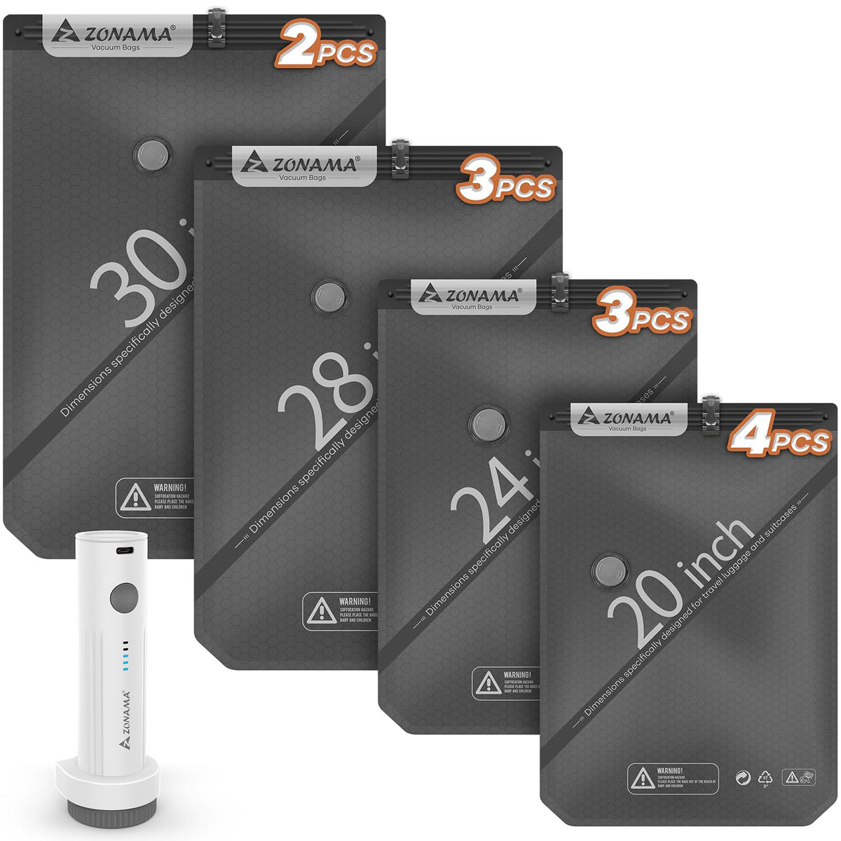 Z ZONAMA vacuum bags and pump setup for fast compression.