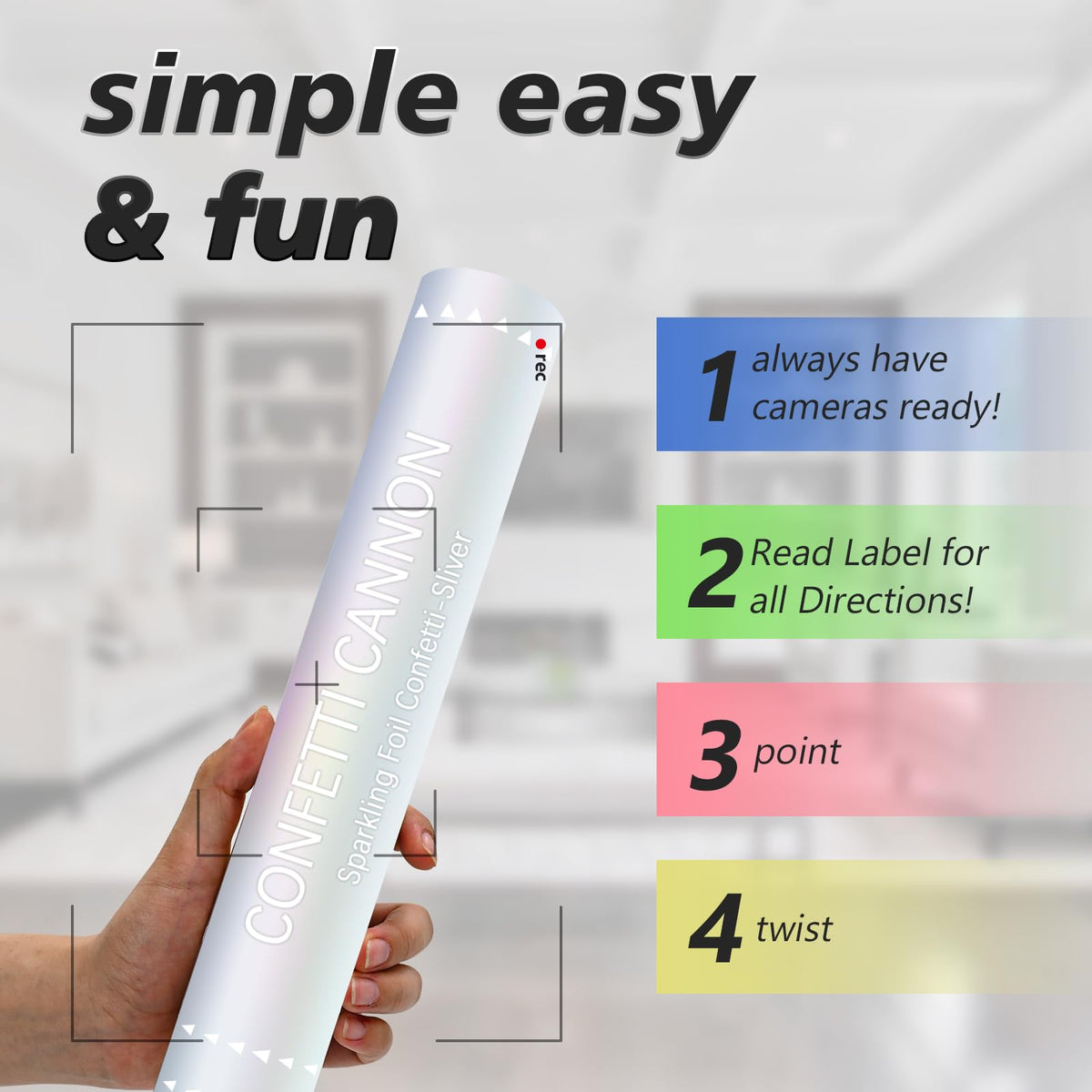 ZZPAKUE confetti cannon 12inch twist action in silver for indoor or outdoor celebrations.
